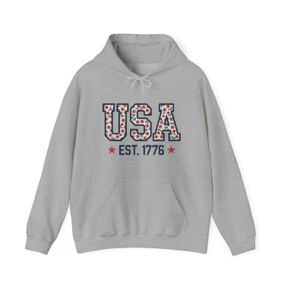 USA EST. 1776 Hoodie — Patriotic Floral American Heritage Sweatshirt