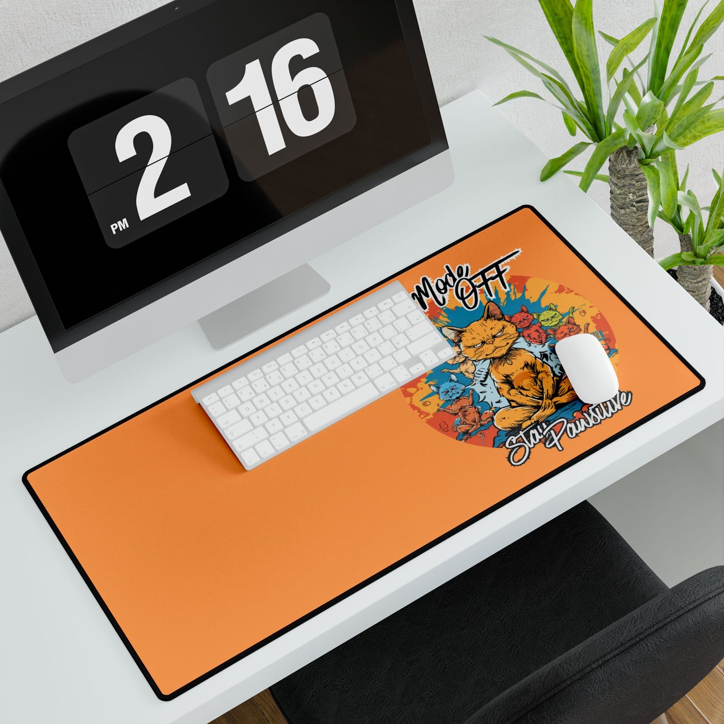 Desk Mat — Orange ‘Zen Mode Off, Stay Pawsitive’ Cat Gaming/Office Mousepad