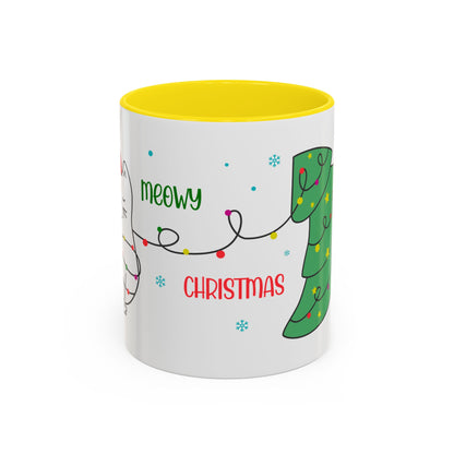 Meowy Christmas Accent Coffee Mug — Cute Cat & Decorated Tree Holiday Mug (11/15oz)