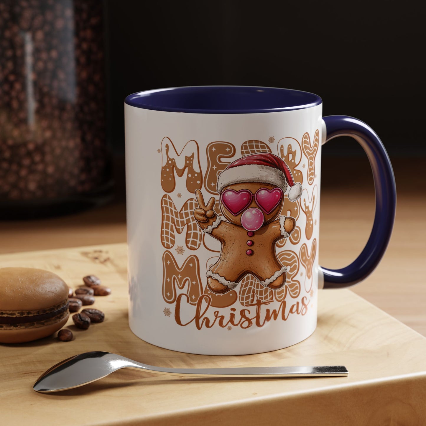 Cute Gingerbread Christmas Mug – Funny Holiday Cookie Cup with Heart Eyes & Bubble Gum