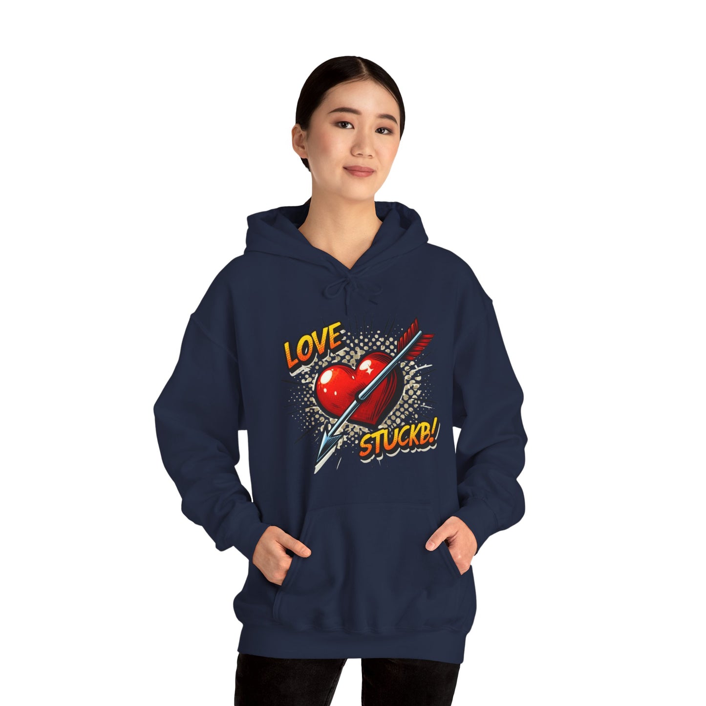 Hoodie — 'Love Stuck!' Retro Heart & Arrow Graphic Hooded Sweatshirt