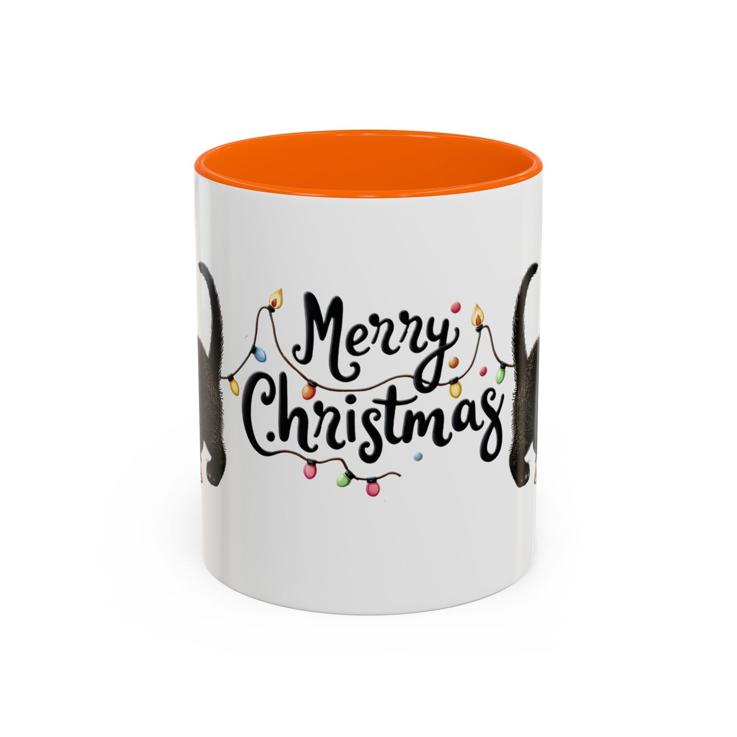 Merry Christmas Black Cat Mug – Cute Holiday Lights Cat Coffee Cup – Perfect Gift for Cat Lovers