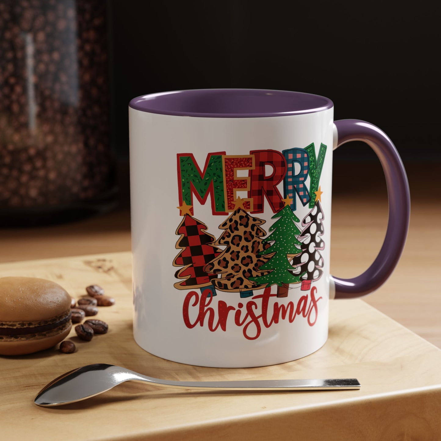 Merry Christmas Accent Coffee Mug — Festive Plaid, Leopard & Pine Tree Holiday Design