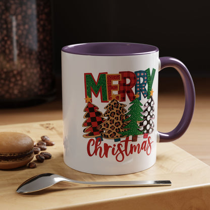 Merry Christmas Accent Coffee Mug — Festive Plaid, Leopard & Pine Tree Holiday Design