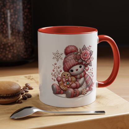 Cute Pink Snowman Coffee Mug — Holiday Winter Gingerbread Design (11/15oz)