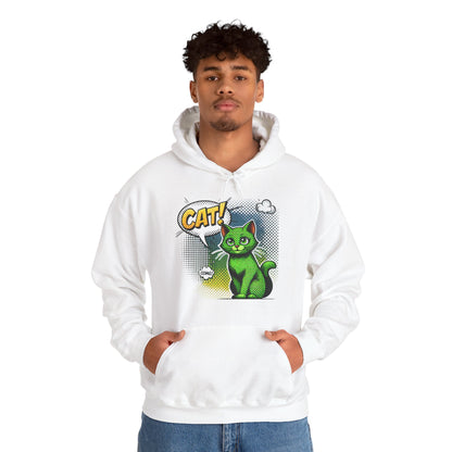 Green Comic Cat Hoodie — Retro Pop Art "CAT!" Graphic Sweatshirt