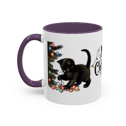 Merry Christmas Black Cat Mug – Cute Holiday Lights Cat Coffee Cup – Perfect Gift for Cat Lovers