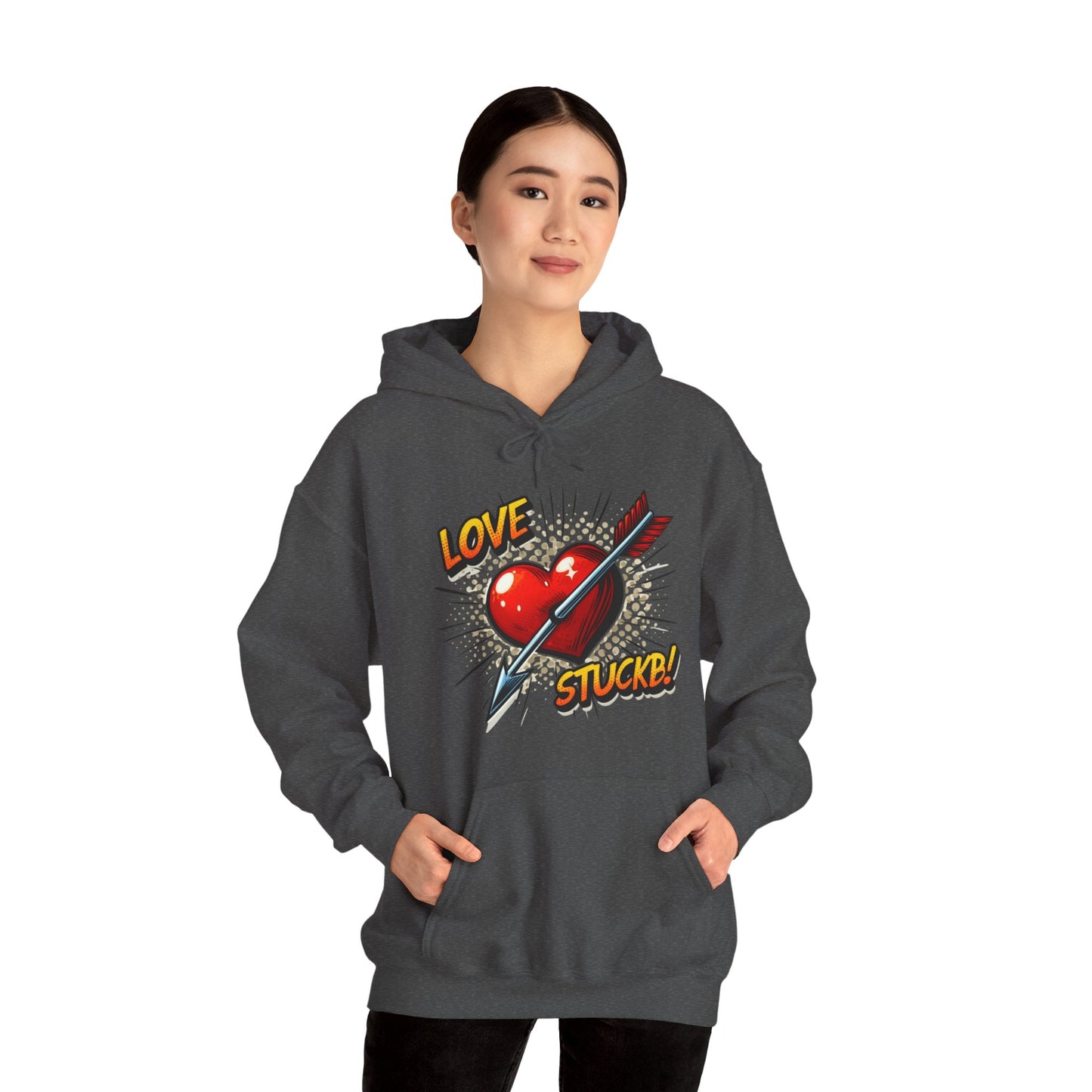 Hoodie — 'Love Stuck!' Retro Heart & Arrow Graphic Hooded Sweatshirt