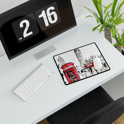 London Scene Desk Mat — Red Telephone Box & Bus Illustration Office Mouse Pad