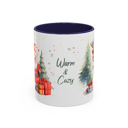 Warm & Cozy Christmas Accent Coffee Mug — Festive Santa, Reindeer & Pine Tree Holiday Drinkware