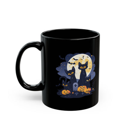 Halloween Black Cat Mug – Spooky Cats with Pumpkins & Full Moon Design