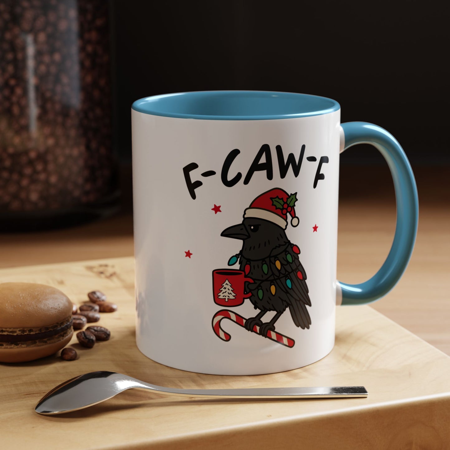 Funny Crow Christmas Mug – F-Caw-F Holiday Crow Cup – Cute Raven Coffee Mug with Lights & Santa Hat