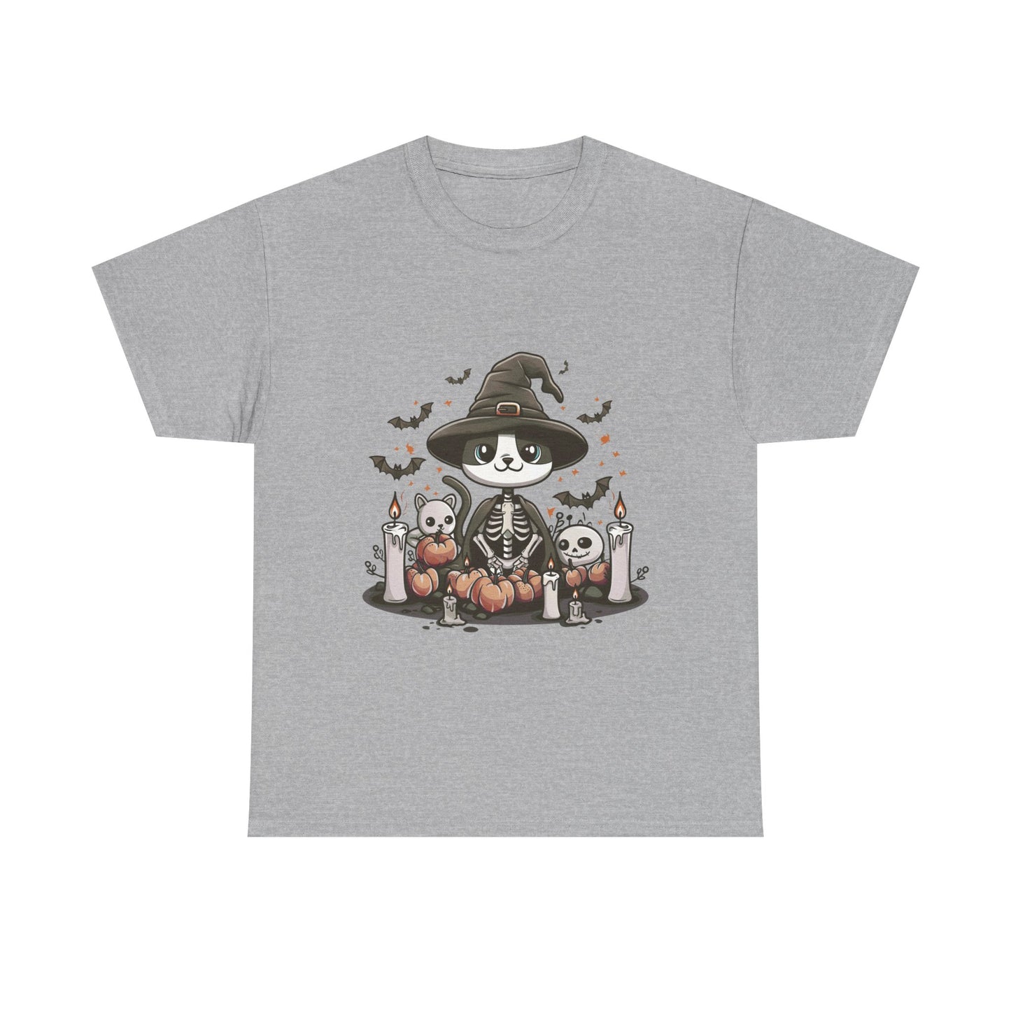 Halloween Witch Cat T-Shirt – Cute Skeleton Cat with Pumpkins & Candles