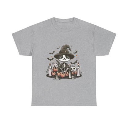 Halloween Witch Cat T-Shirt – Cute Skeleton Cat with Pumpkins & Candles