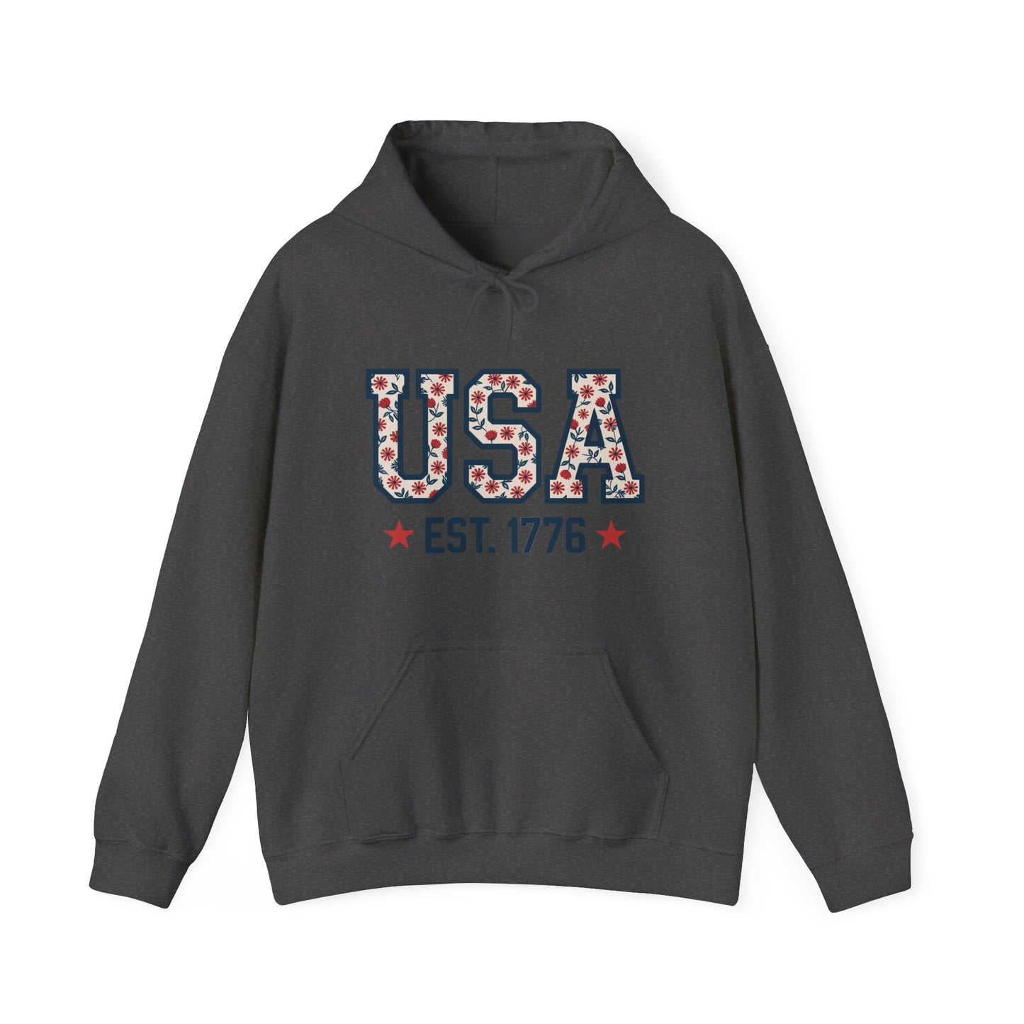 USA EST. 1776 Hoodie — Patriotic Floral American Heritage Sweatshirt