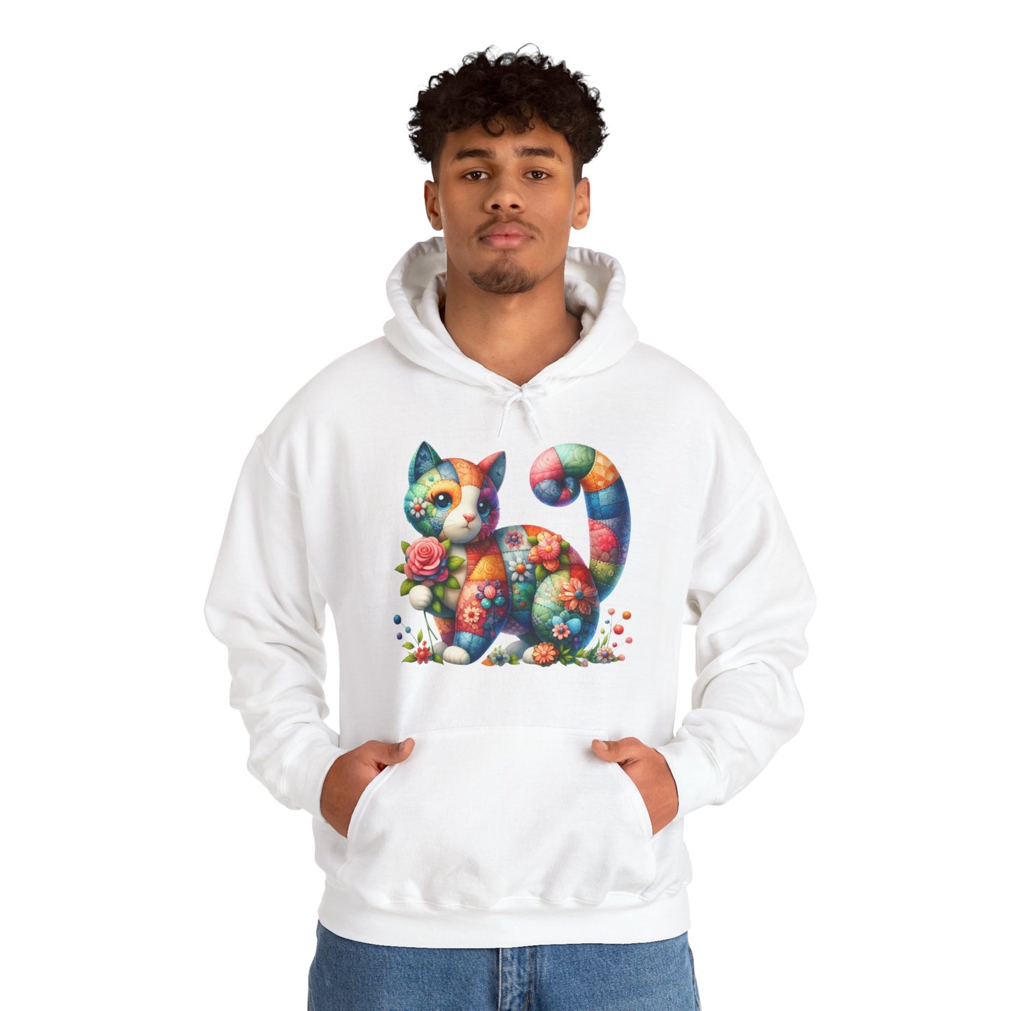 Colorful Floral Cat Hoodie – Vibrant Patchwork Kitty Sweatshirt
