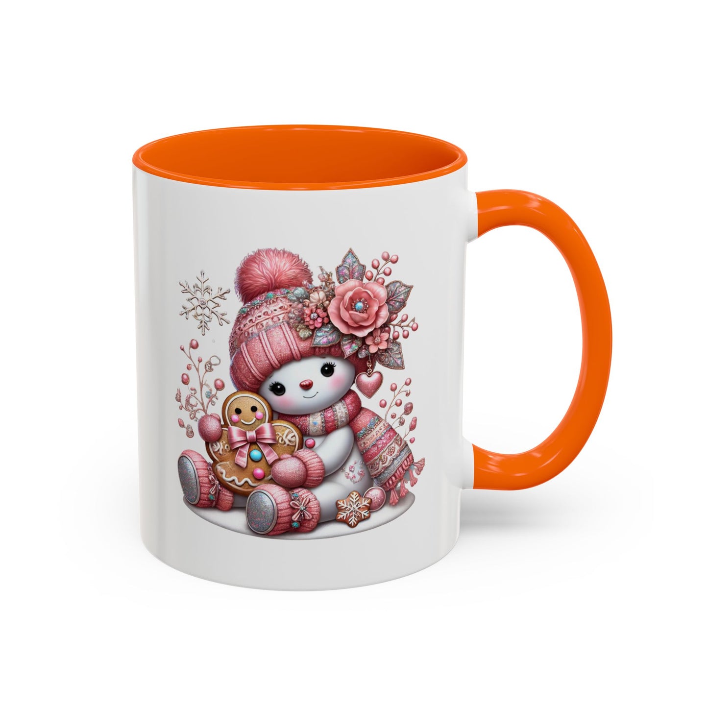 Cute Pink Snowman Coffee Mug — Holiday Winter Gingerbread Design (11/15oz)