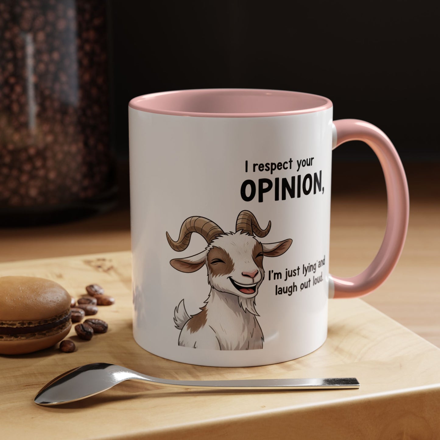 Funny Goat Coffee Mug – “I Respect Your Opinion, I’m Just Lying and Laugh Out Loud” Accent Mug