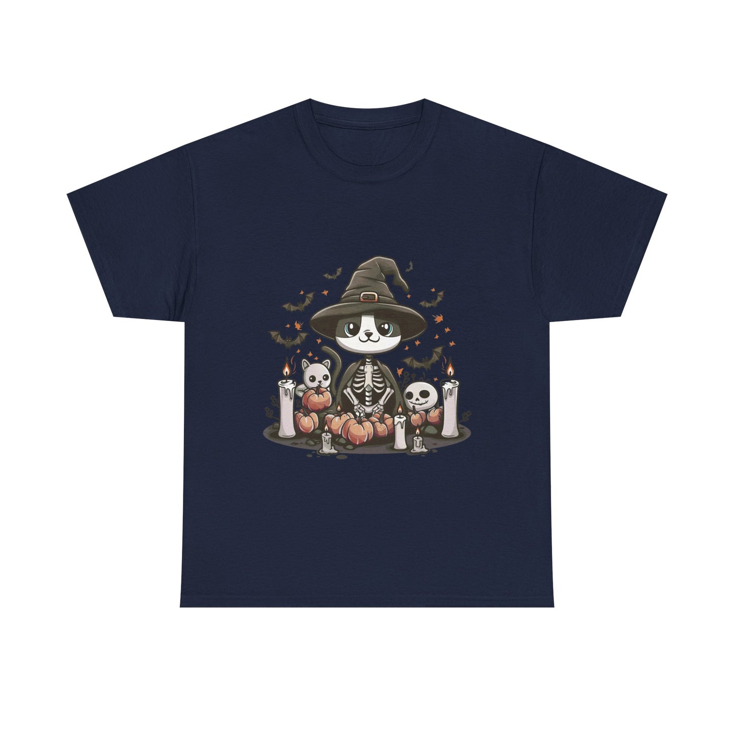 Halloween Witch Cat T-Shirt – Cute Skeleton Cat with Pumpkins & Candles