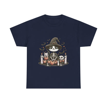 Halloween Witch Cat T-Shirt – Cute Skeleton Cat with Pumpkins & Candles