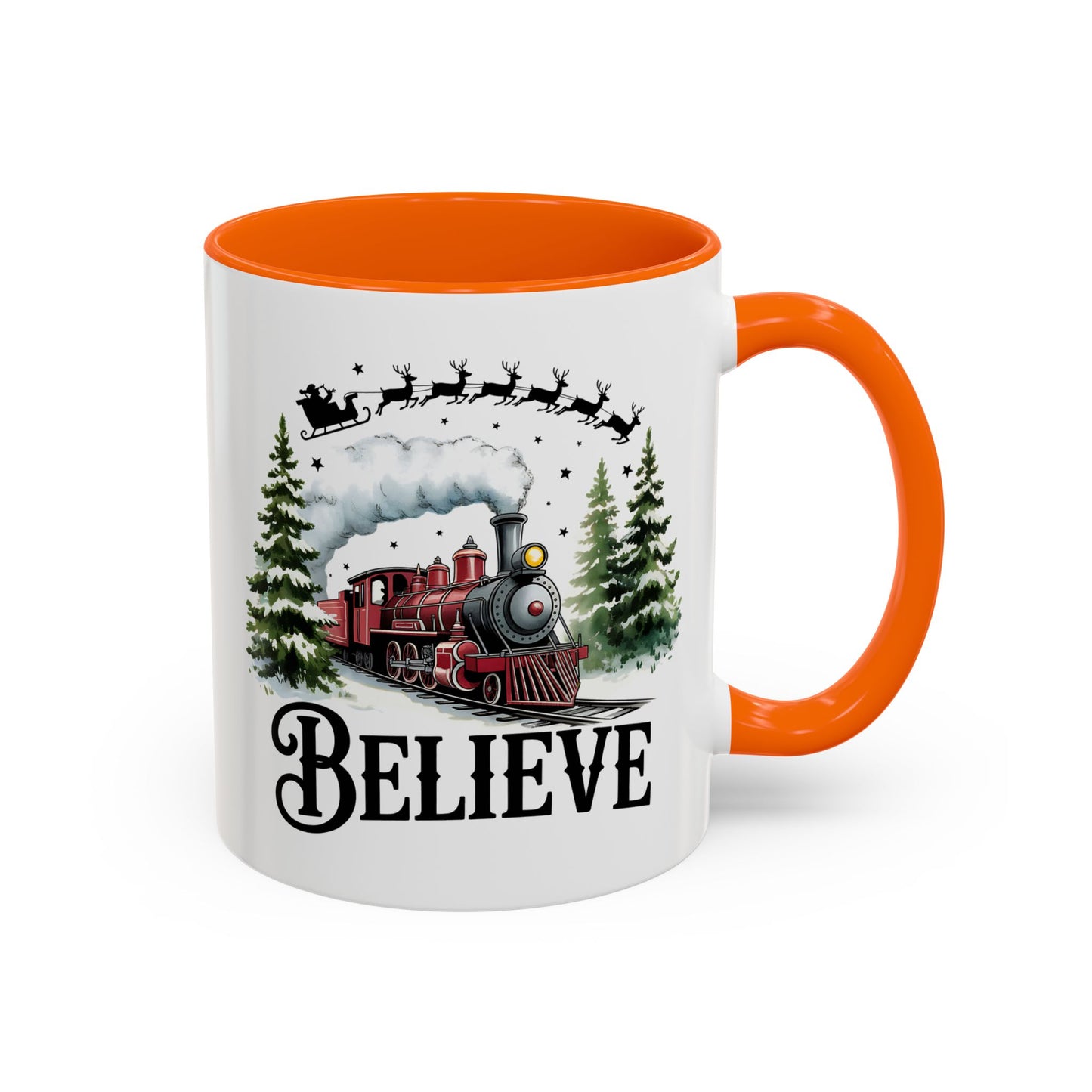 Believe Christmas Train Mug with Santa Sleigh – Holiday Coffee Cup