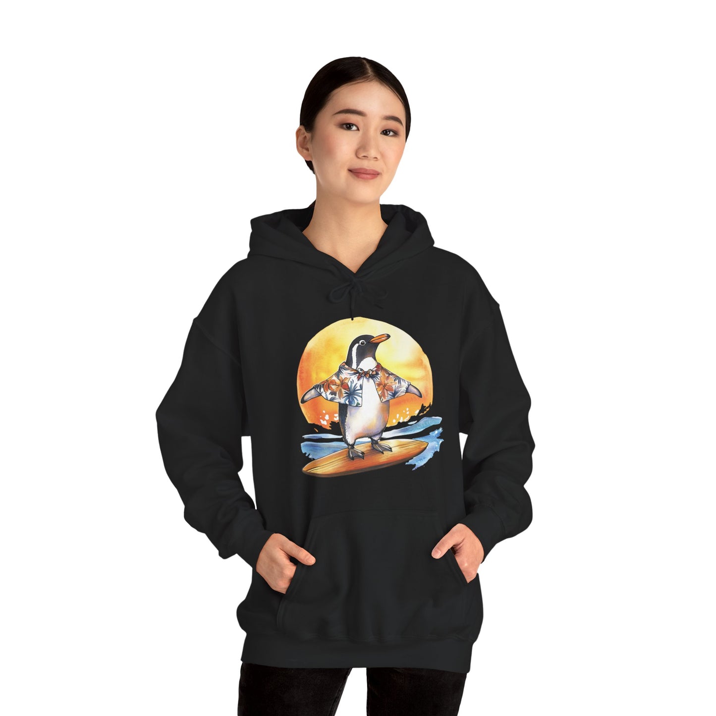 Surfing Penguin Hoodie — Cute Surfboard Penguin Sunset Pullover