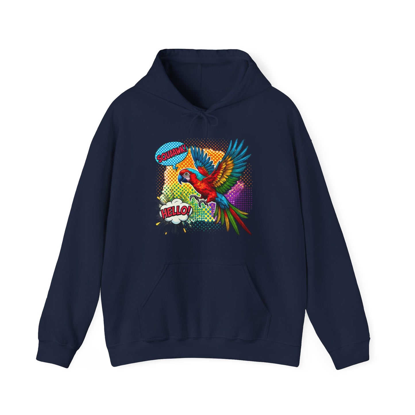 Parrot Pop Art Hoodie — Colorful Macaw 'Hello' Graphic Pullover