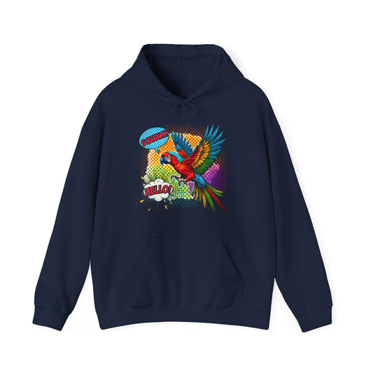 Parrot Pop Art Hoodie — Colorful Macaw 'Hello' Graphic Pullover