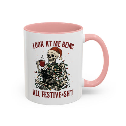 Funny Festive Skeleton Christmas Mug – Holiday Coffee Cup with Cat – Look at Me Being All Festive