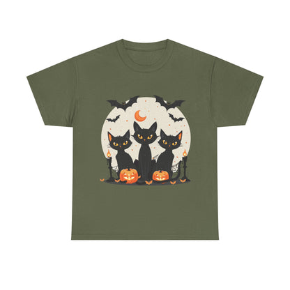 Halloween Black Cat T-Shirt – Cute Spooky Cats with Pumpkins & Bats Print