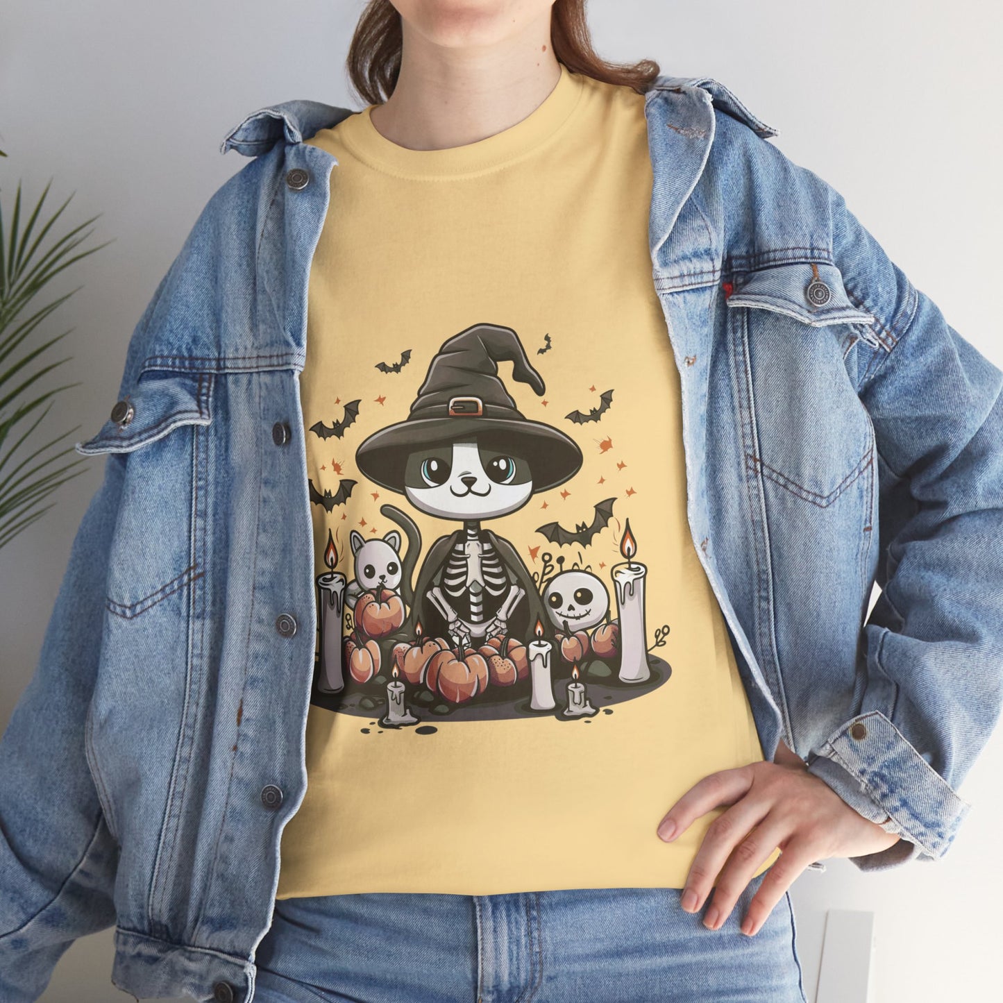 Halloween Witch Cat T-Shirt – Cute Skeleton Cat with Pumpkins & Candles