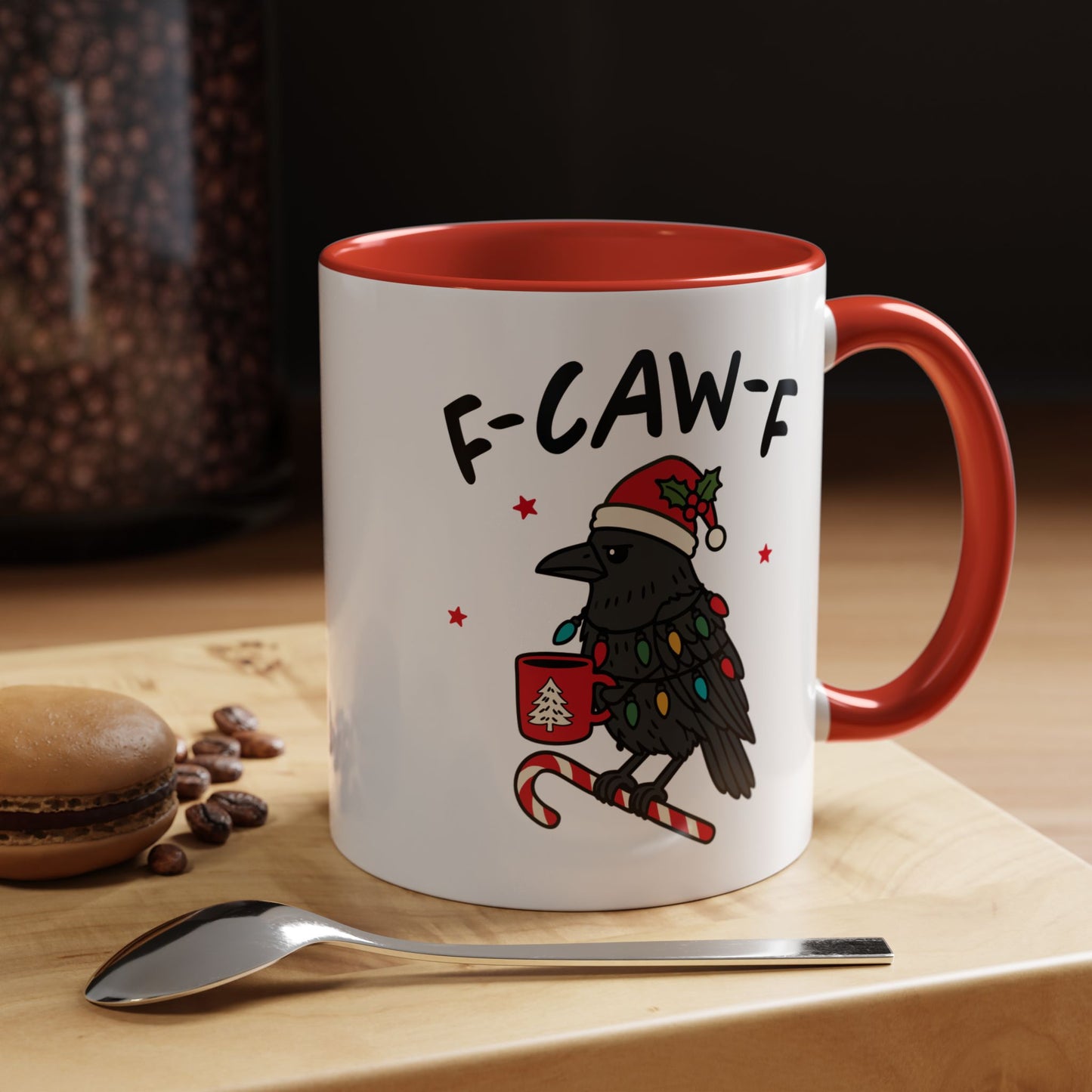 Funny Crow Christmas Mug – F-Caw-F Holiday Crow Cup – Cute Raven Coffee Mug with Lights & Santa Hat
