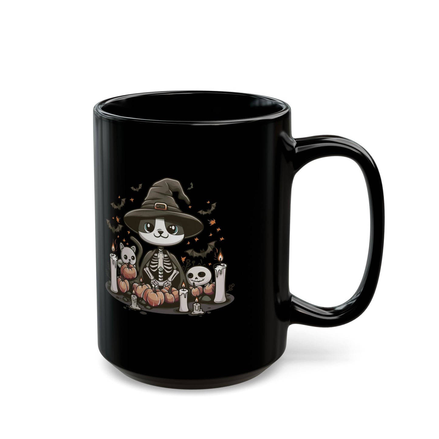 Halloween Witch Cat Mug – Cute Skeleton Cat with Pumpkins & Candles