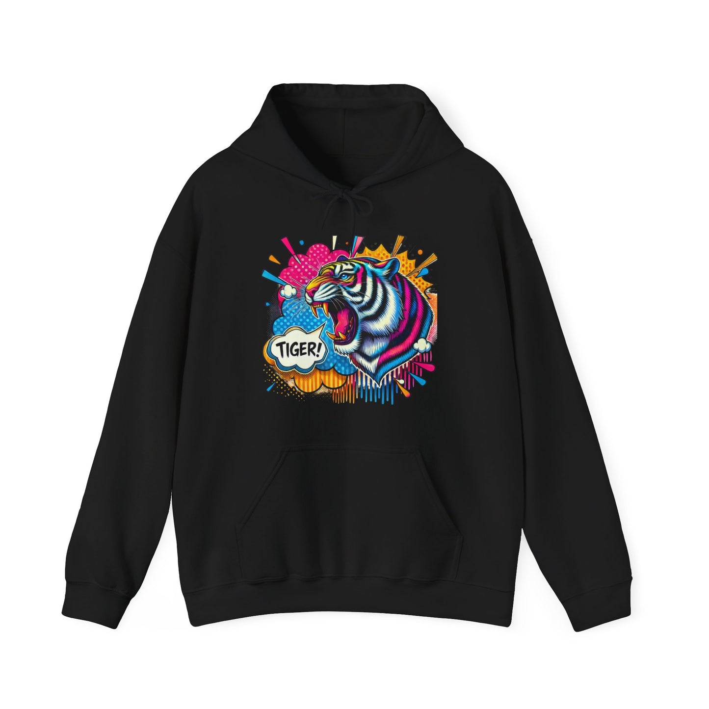 Colorful Pop Art Tiger Hoodie – "TIGER!" Graphic Pullover