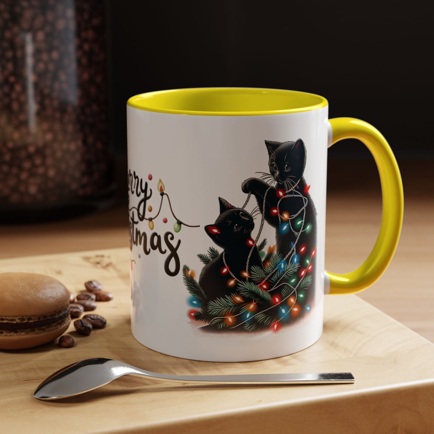 Cute Black Cat Christmas Lights Mug – Festive Holiday Coffee Cup Gift