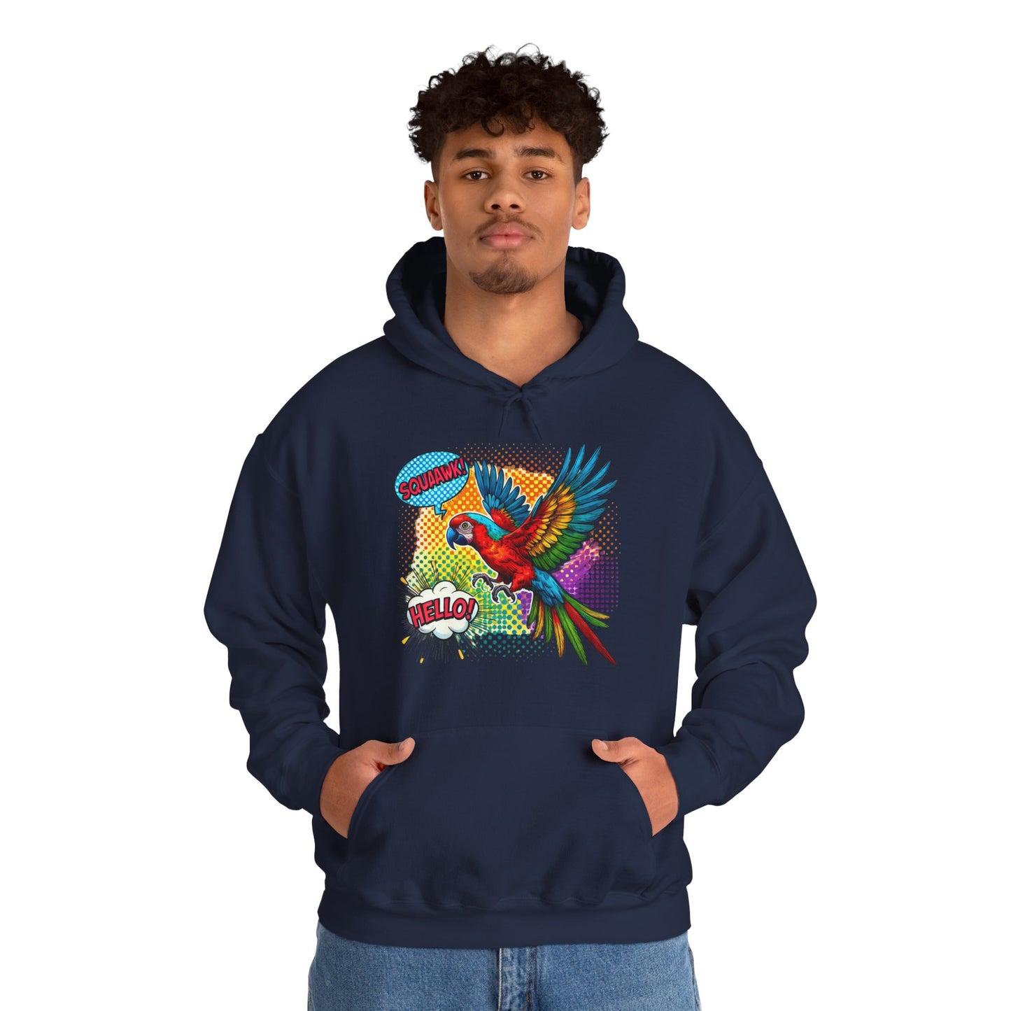Parrot Pop Art Hoodie — Colorful Macaw 'Hello' Graphic Pullover