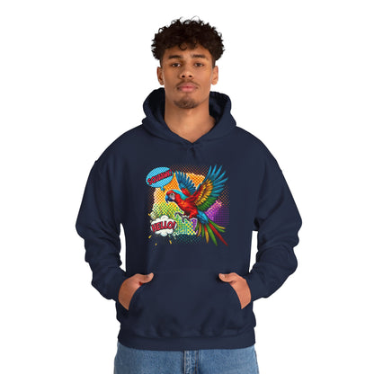 Parrot Pop Art Hoodie — Colorful Macaw 'Hello' Graphic Pullover