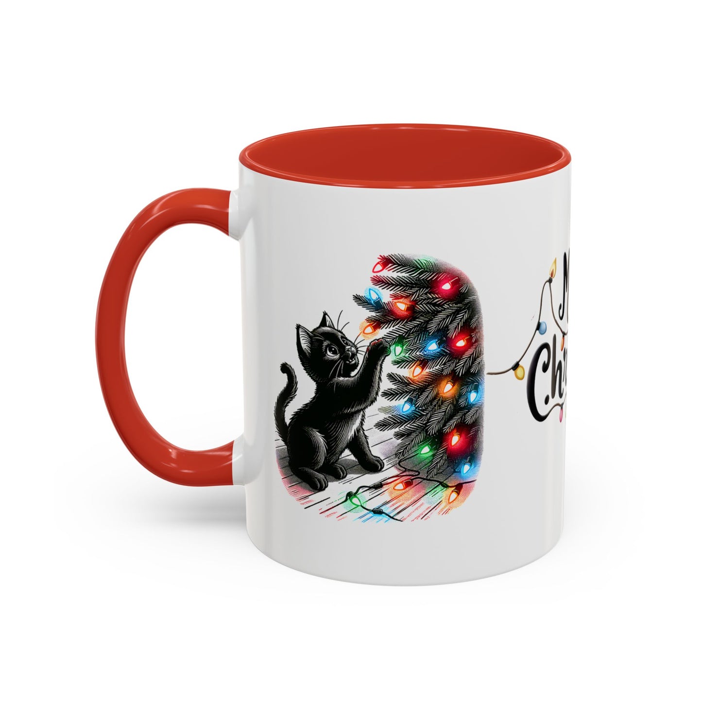Merry Christmas Cat Mug – Cute Black Cat with Christmas Lights – Holiday Coffee Cup Gift for Cat Lovers