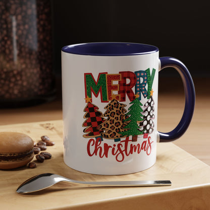 Merry Christmas Accent Coffee Mug — Festive Plaid, Leopard & Pine Tree Holiday Design