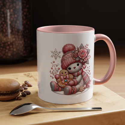 Cute Pink Snowman Coffee Mug — Holiday Winter Gingerbread Design (11/15oz)