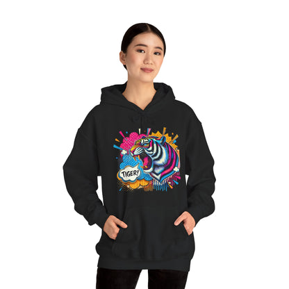 Colorful Pop Art Tiger Hoodie – "TIGER!" Graphic Pullover