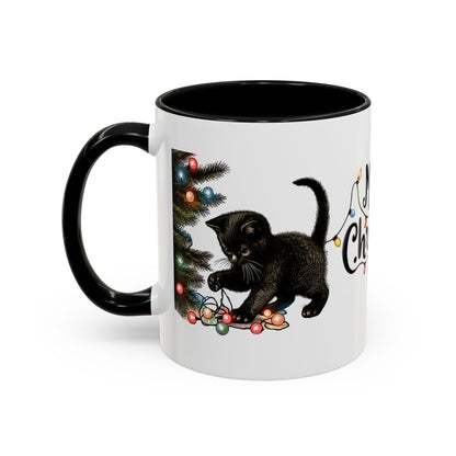 Merry Christmas Black Cat Mug – Cute Holiday Lights Cat Coffee Cup – Perfect Gift for Cat Lovers