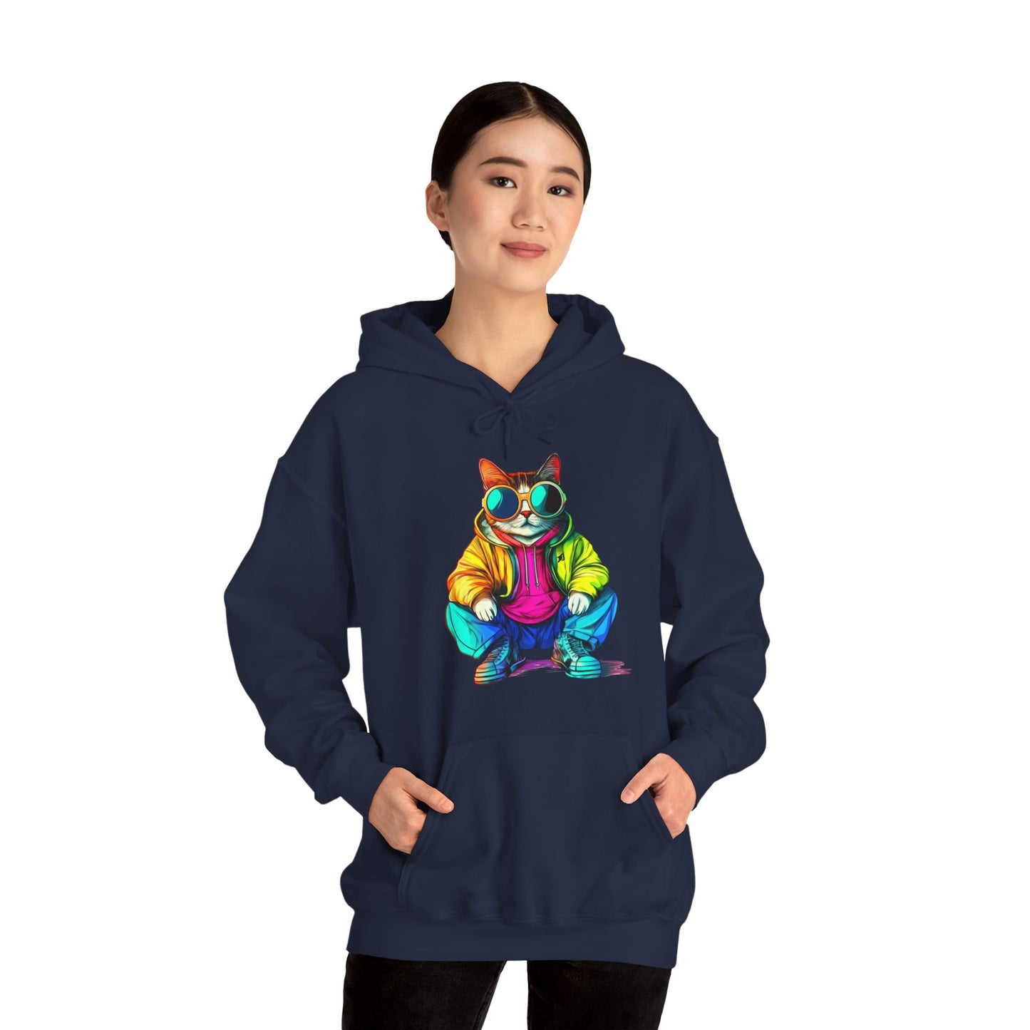 Colorful Retro Cat Hoodie — Vibrant Sunglasses Cat Pullover