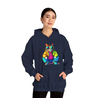 Colorful Retro Cat Hoodie — Vibrant Sunglasses Cat Pullover