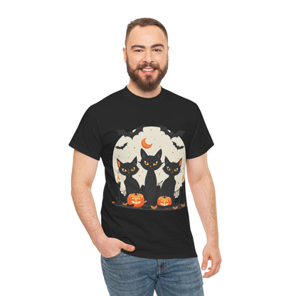 Halloween Black Cat T-Shirt – Cute Spooky Cats with Pumpkins & Bats Print